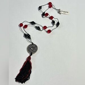 NWT Chico’s Black Red Glass Beaded Tassel Necklace Asian Coin Enamel USA Made